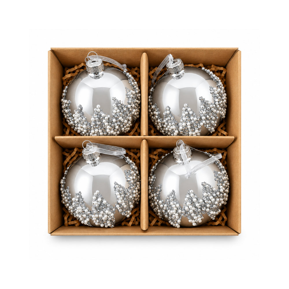 Plum Pudding Christmas Glass Christmas Ornament 4pk Silver Beaded Centre